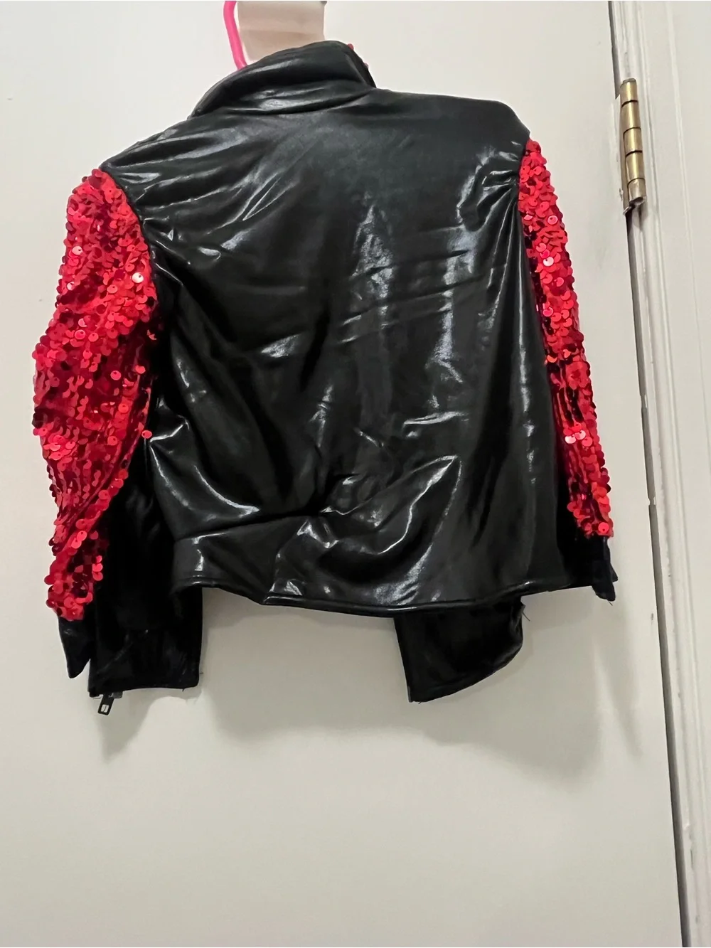 Weissman Red Sequin Layered Party Dress with Black Faux Leather Jacket